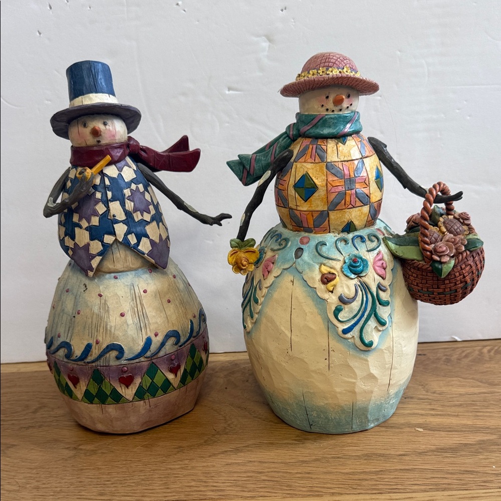 Jim Shore Whimsical Snowman Figurine Set - Multi Colored Blue and Cream